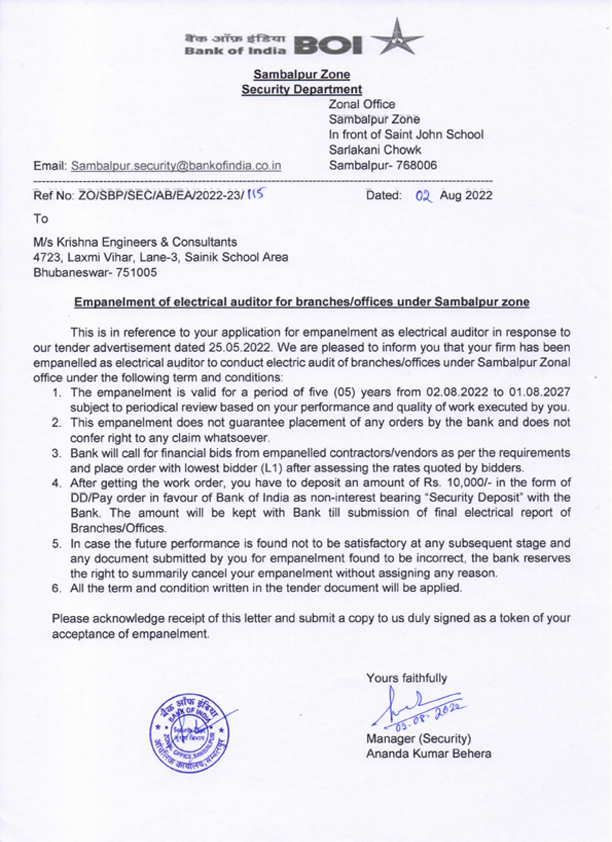 BANK OF INDIA EMPANELMENT