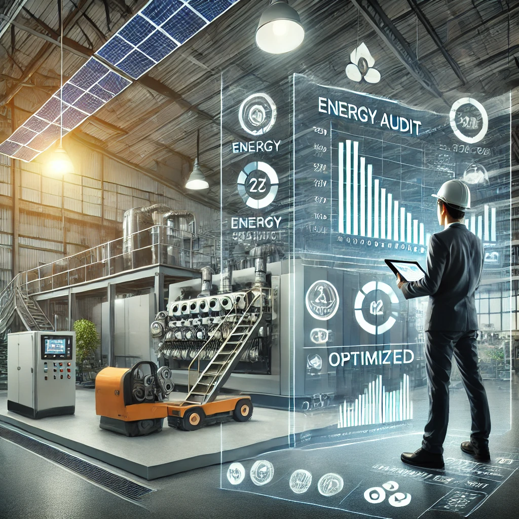 DALL·E 2024 10 15 14.26.34 A high tech energy audit scene in an industrial factory setting. A technician is inspecting large machinery while analyzing data on a tablet that show